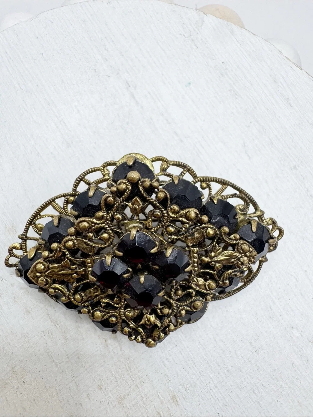 Antiqued gold tone filigree Czech style glass brooch pin